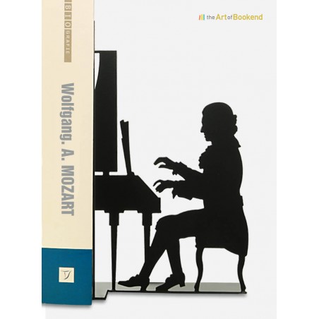 Serre-livres Wolfgang Amadeus Mozart assis devant son piano. Acier découpé laser. Hauteur 19 cm